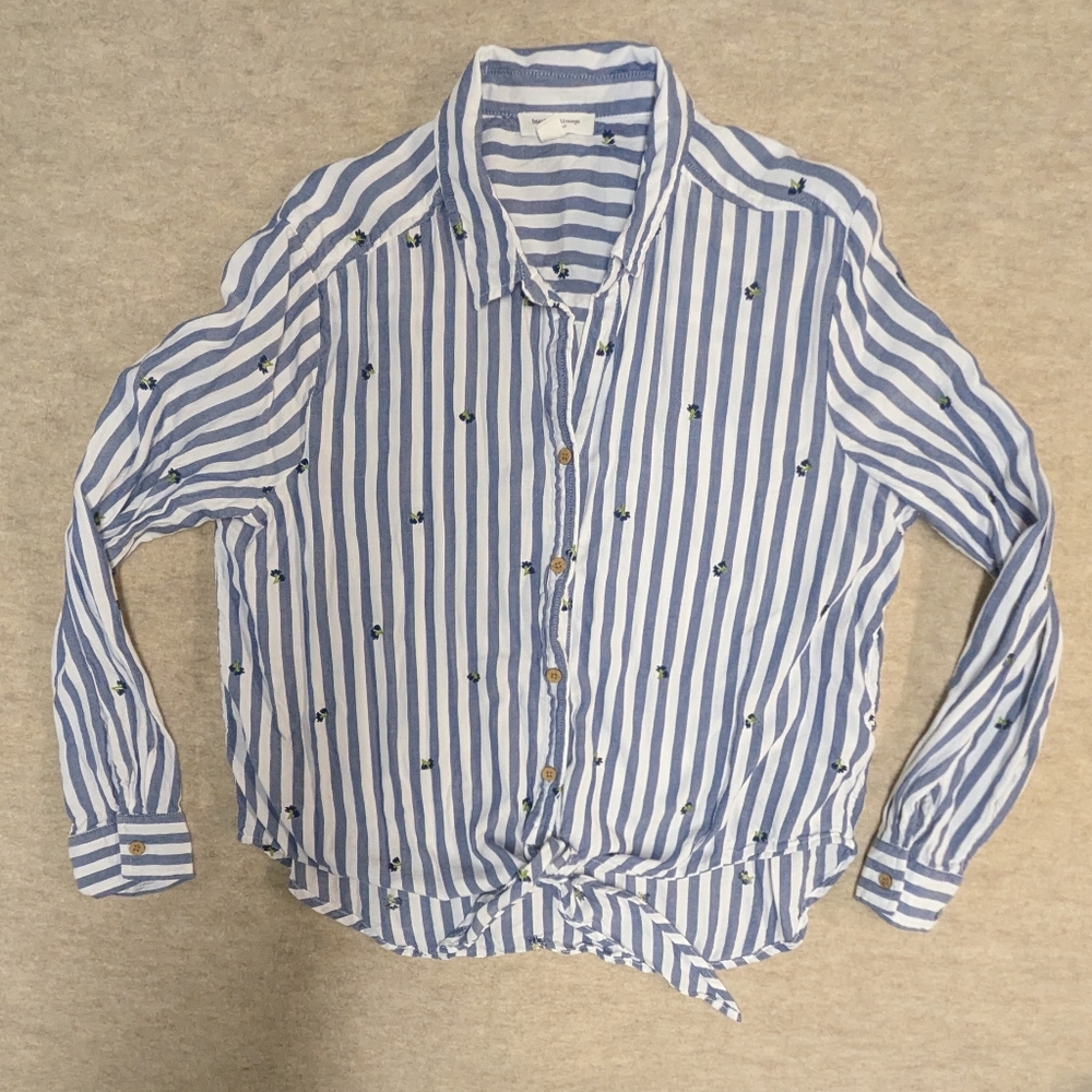 beachlunchloung Blue & White Striped Button Down Shirt Embroidered Iris Violet L